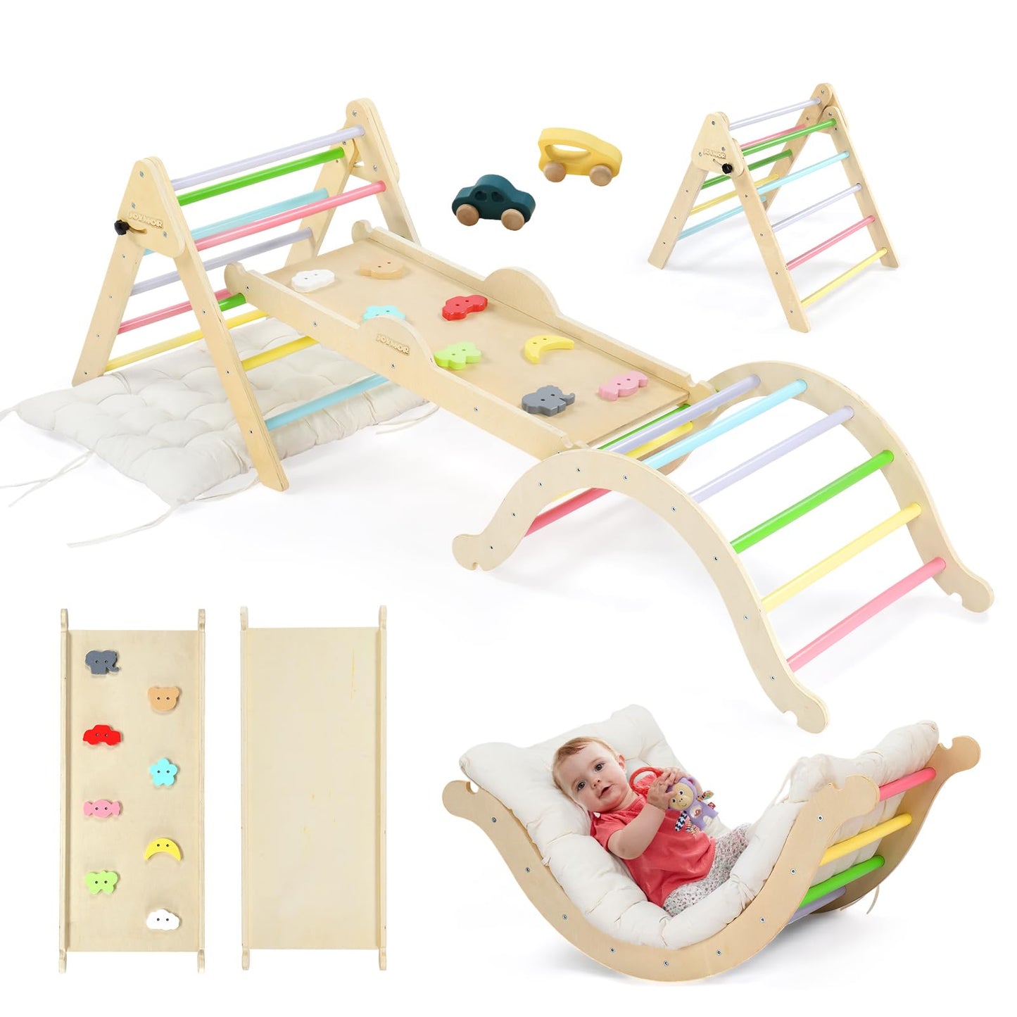 Montessori 5-in-1 Pikler Climbing Set with Slide & Cushion