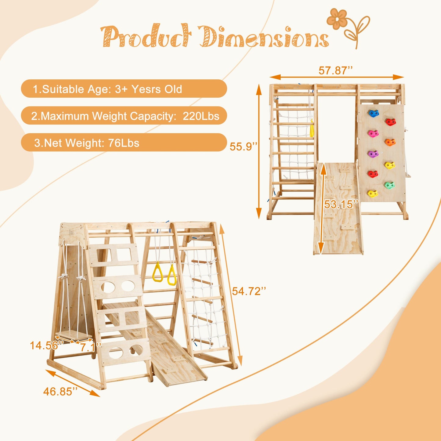 Wooden Gym 8-in-1 Indoor Playground Climbing Playset