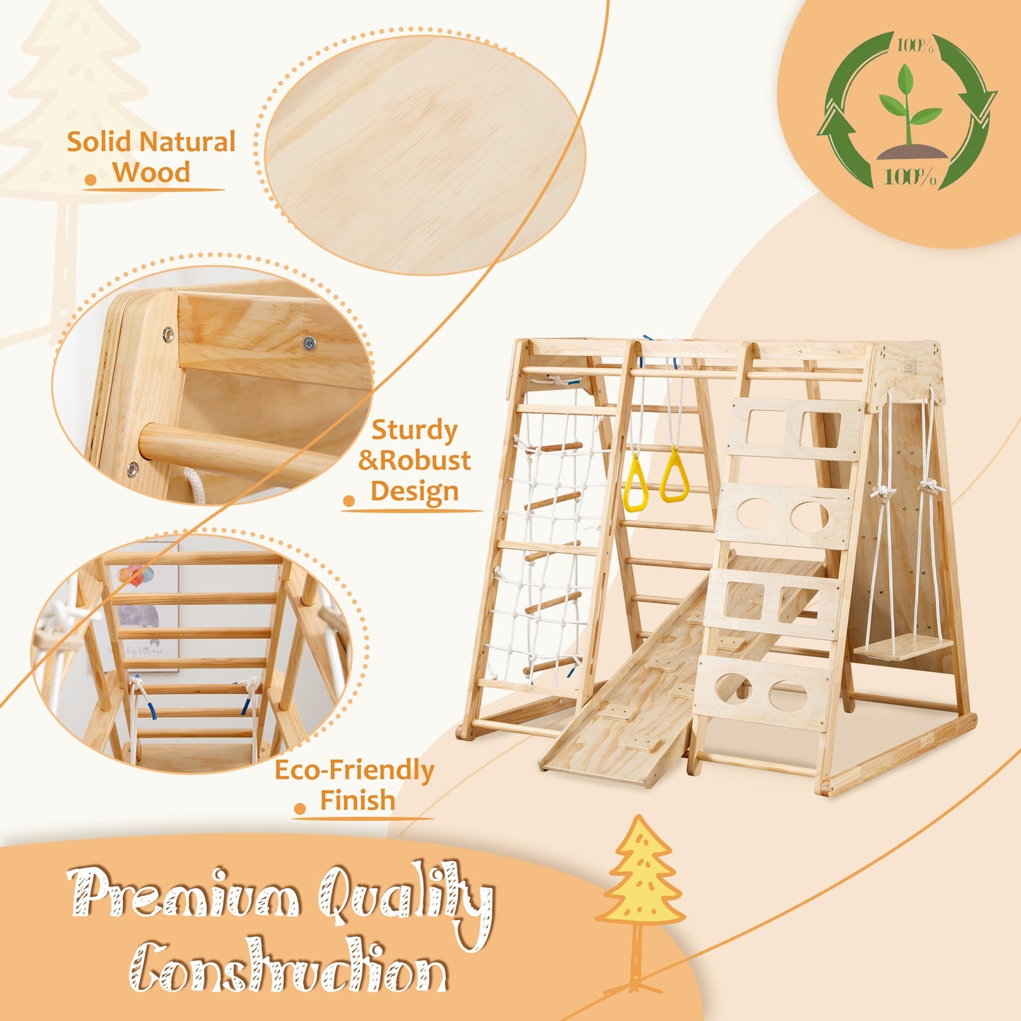 Wooden Gym 8-in-1 Indoor Playground Climbing Playset