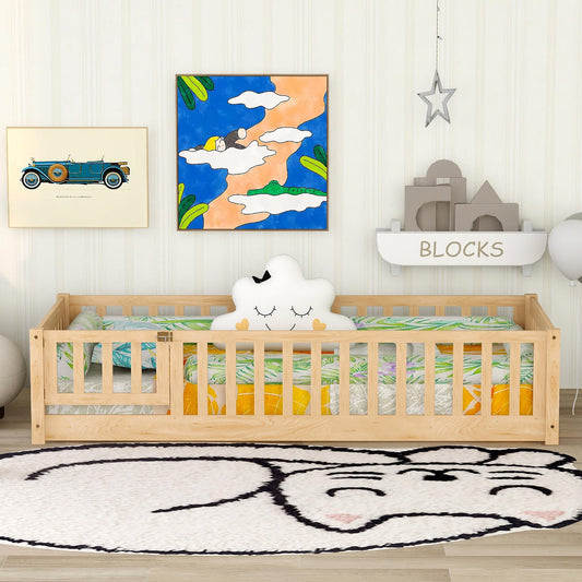 Montessori Twin Floor Bed with Door & Safety Fence