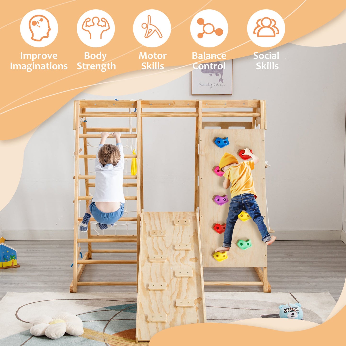 Wooden Gym 8-in-1 Indoor Playground Climbing Playset
