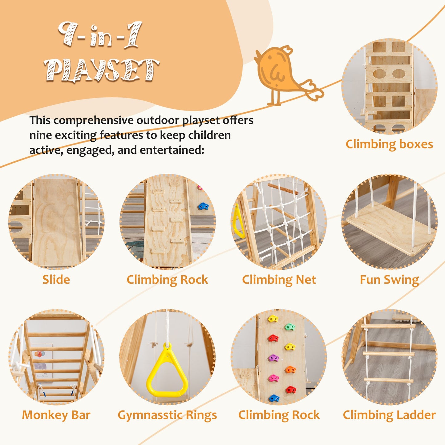 Wooden Gym 8-in-1 Indoor Playground Climbing Playset